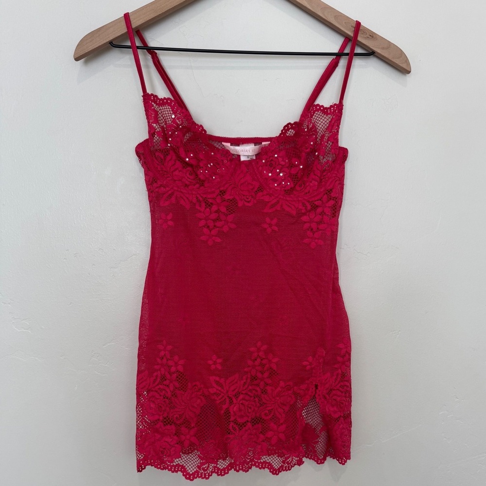 Victoria's Secret Red Mesh Floral Lace Rhinestone Slip Dress Y2K S Coquette Slit